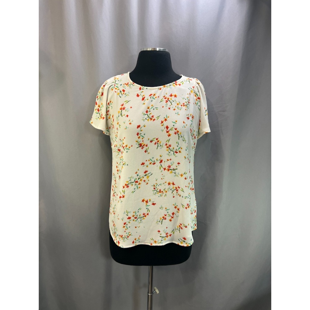 Cece Blouse Top Womens Medium White Floral Print Stretch Keyhole Back Curved Hem